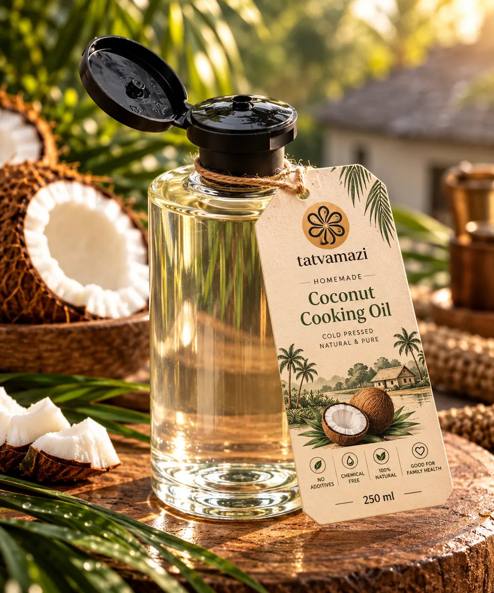 tatvamazi coconut oil bottle with fresh coconuts