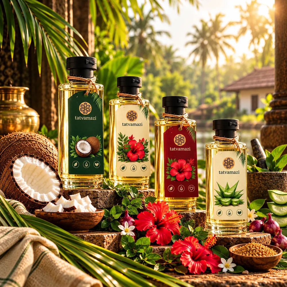 tatvamazi coconut, herbal, hibiscus and aloe vera oils with coconut, hibiscus and herbs